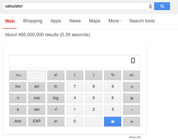 Screenshot of a calculator provided by the Google search engine.