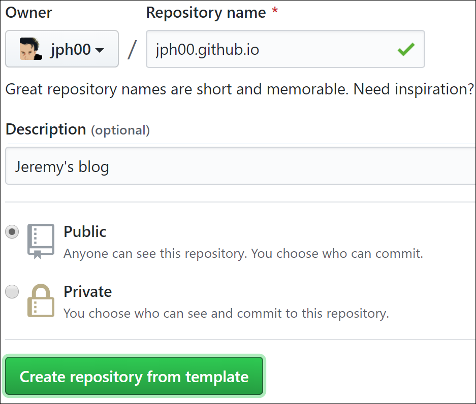 Screebshot of the GitHub page for creating a new repository